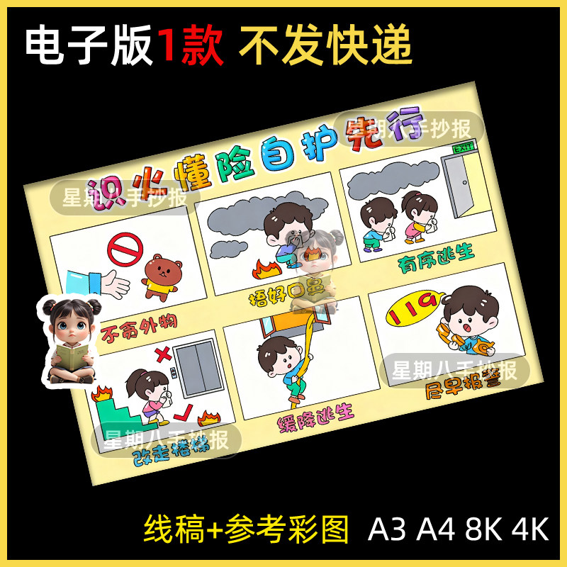 识火懂险自护先行消防安全伴我行手抄报模板预防火灾消防逃生知识