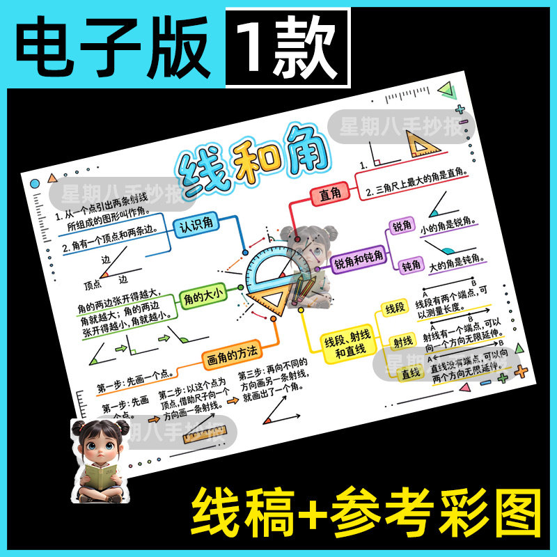 线和角思维导图数学模板三年级上册第五单元黑白线稿电子版手抄报
