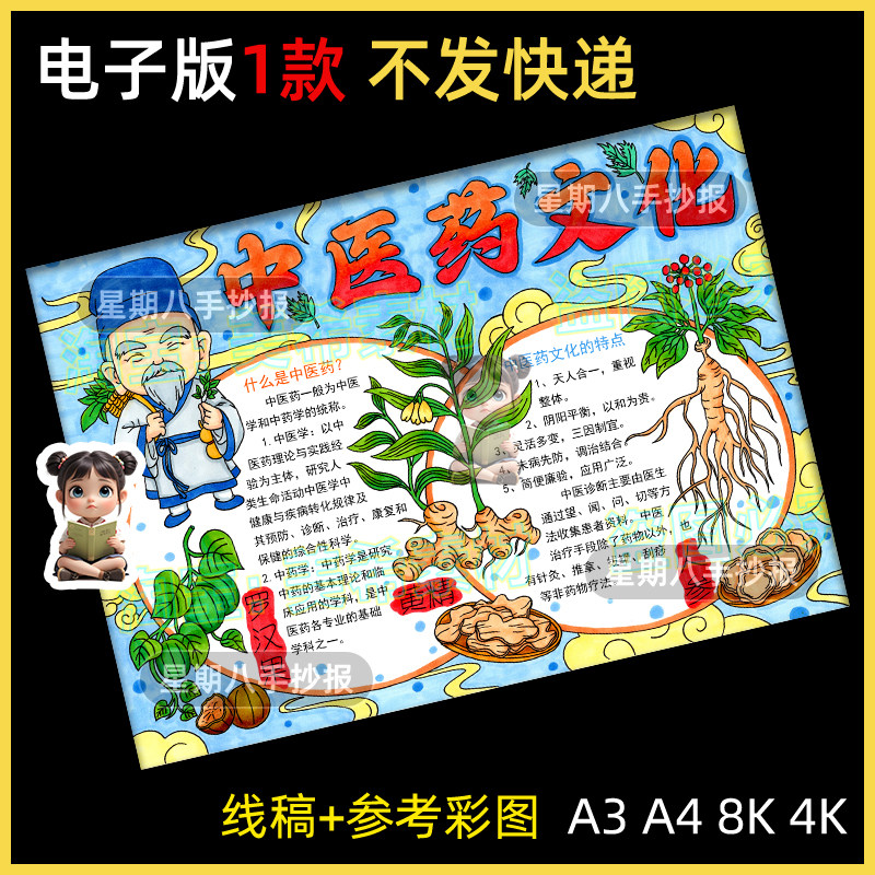 中医药文化手抄报模板电子版小学生认识中草药神奇的草药小报线稿