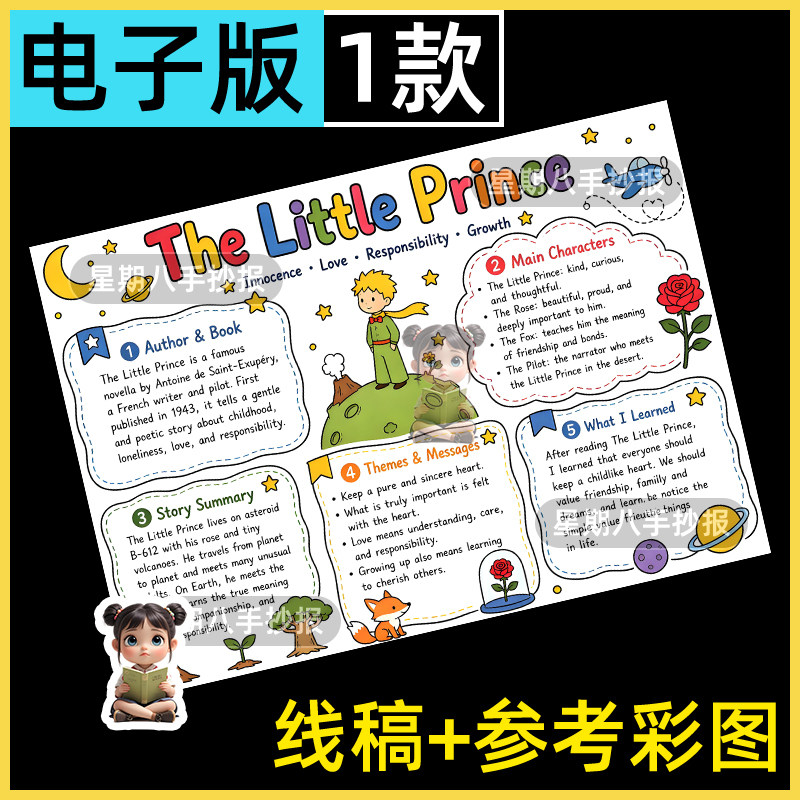 小王子英语手抄报电子模版The Little Prince 故事读书小报线描稿