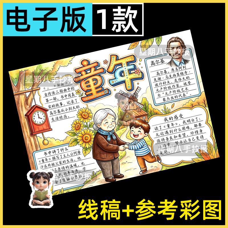 童年手抄报电子版模板六年级课外读书阅读小报快乐读书读后感线稿