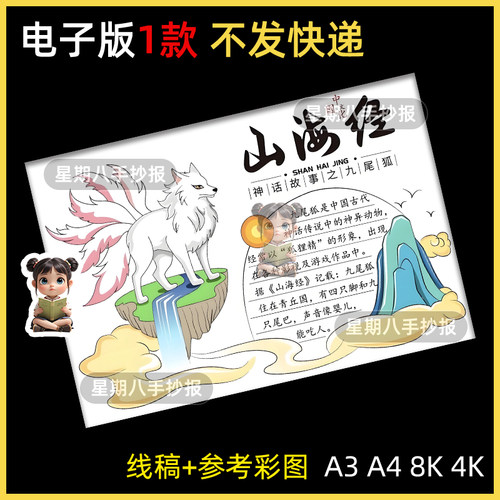 山海经手抄报模板快乐读书吧读书小报四年级上册语文电子版线稿