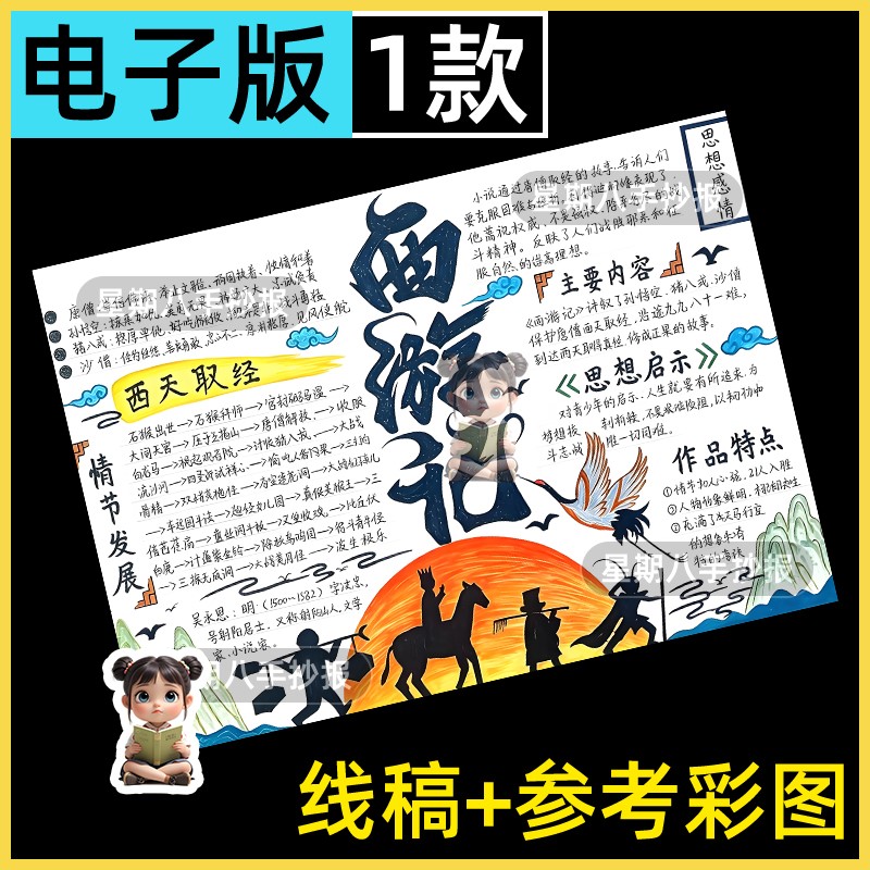 西游记思维导图手抄报模板电子版初中小学生中国四大名著线稿A48K