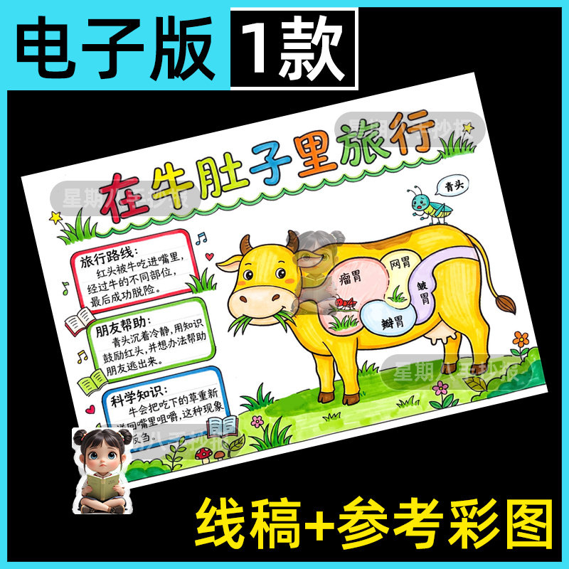 在牛肚子里旅行路线图手抄报电子版黑白线稿素材三年级语文小报a4