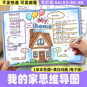 英语四年级上册四单元My home我的家思维导图手抄报电子模版线稿