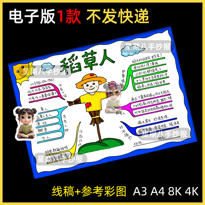 稻草人思维导图手抄报模板电子版三四年级课外童话故事书小报线稿