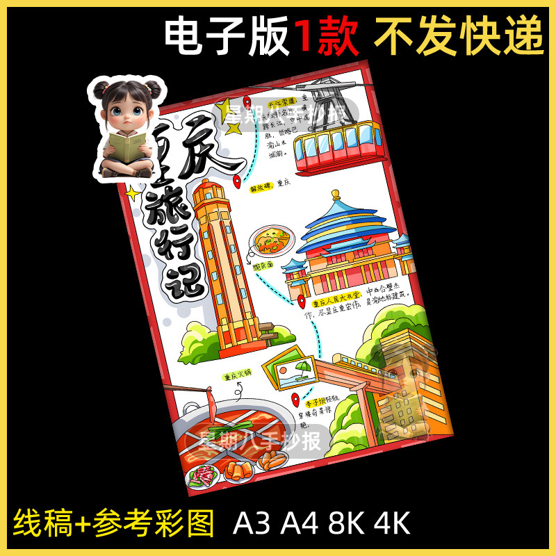 重庆旅行记手抄报重庆名胜古迹导览图假期旅游导游图电子小报线稿