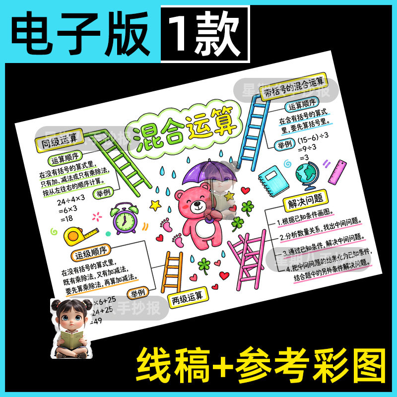 混合运算思维导图手抄报三年级上册数学第二单元模版电子版素材a4