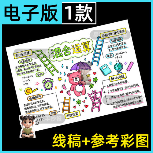 混合运算思维导图手抄报三年级上册数学第二单元模版电子版素材a4
