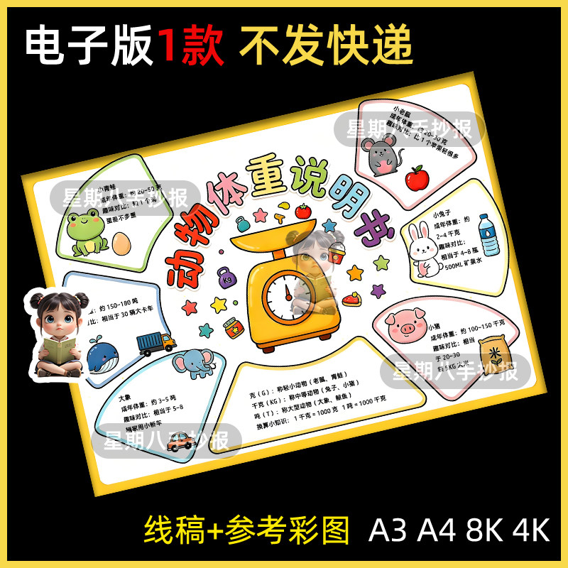 动物体重说明书手抄报三年级数学下册克与千克小报电子版黑白线稿