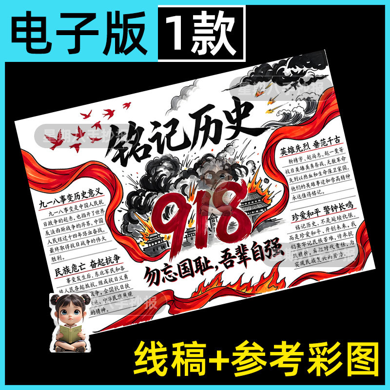 铭记历史吾辈自强918手抄报电子模板九一八勿忘国耻振兴中华爱国