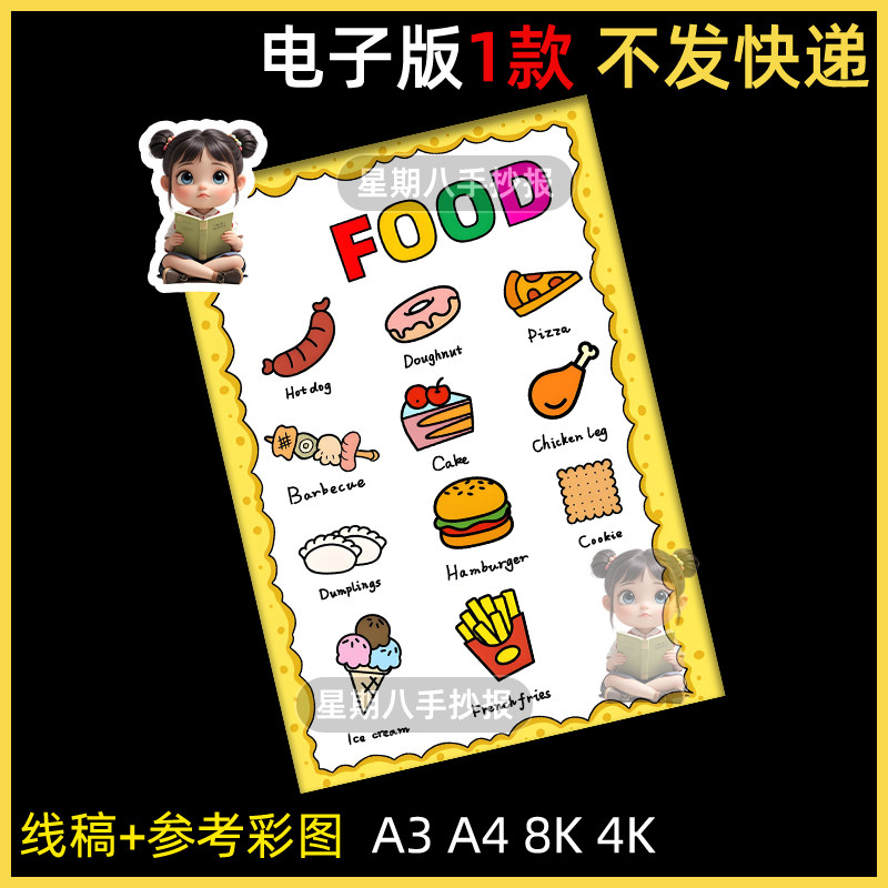 英语美食食物手抄报模板儿童绘画英文我喜欢的食物food小报电子版