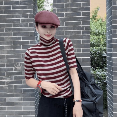 欧洲站安可拉红堆堆领春秋新款百搭经典条纹软糯亲肤高领中袖毛衫