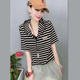 条纹连帽短袖 个性 女T恤上衣 宽松时尚 欧洲站纯棉复古弹力2025夏季
