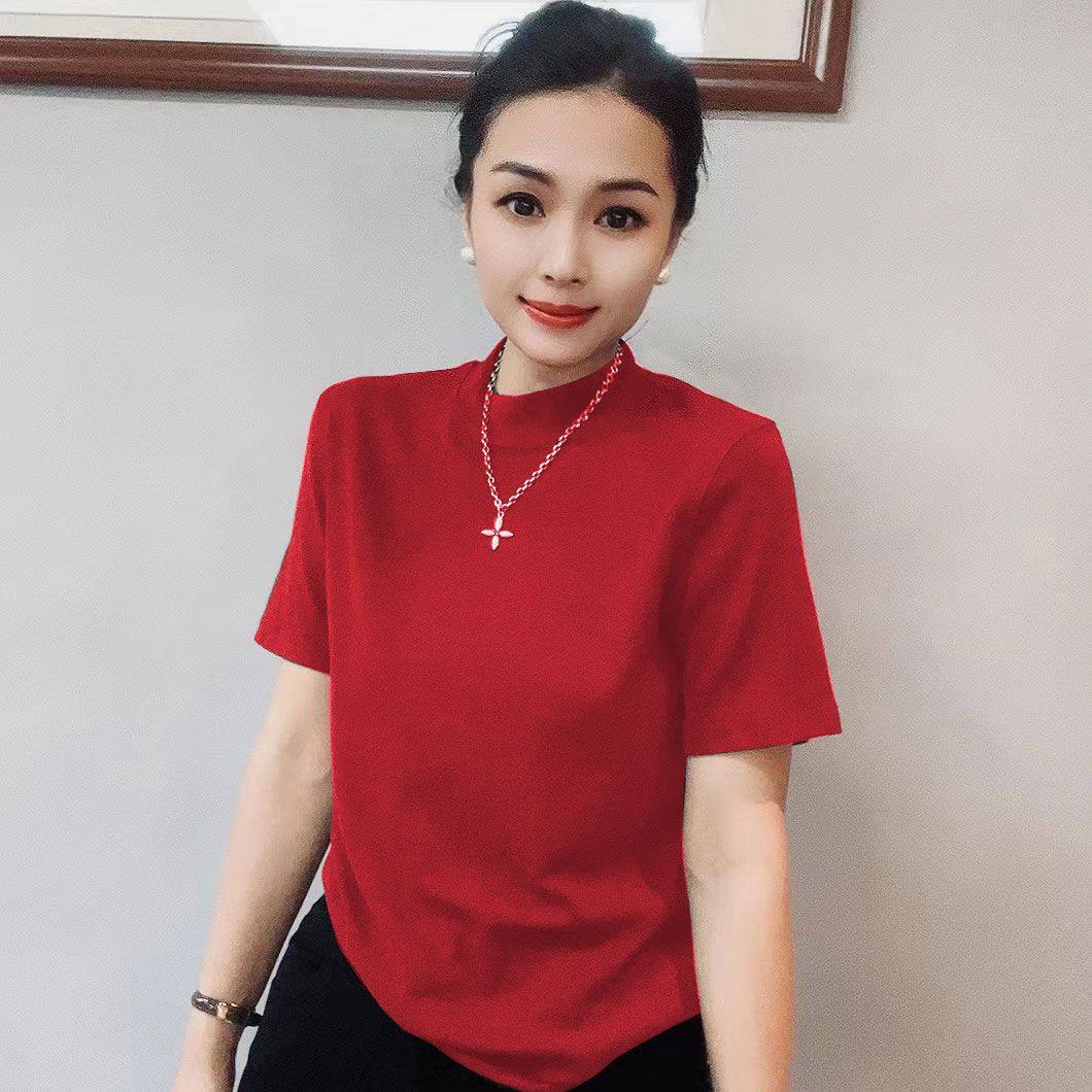 欧洲站精梳棉糖果色T恤半高领夏季百搭透气上衣女宽松打底衫