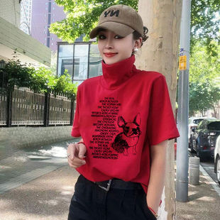 欧洲站纯棉高领短款大码磨毛半袖夏季短袖t恤女正肩宽松韩版