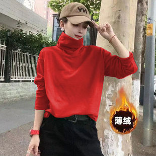 加厚欧货欧洲站加绒秋冬款 t恤上衣外穿打底 卫衣女堆堆领内搭长袖