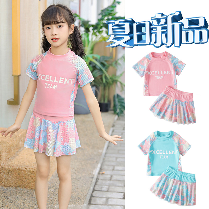 2025年新款女童泳衣分体裙裤套装公主游泳衣女孩可爱保守卡通泳装