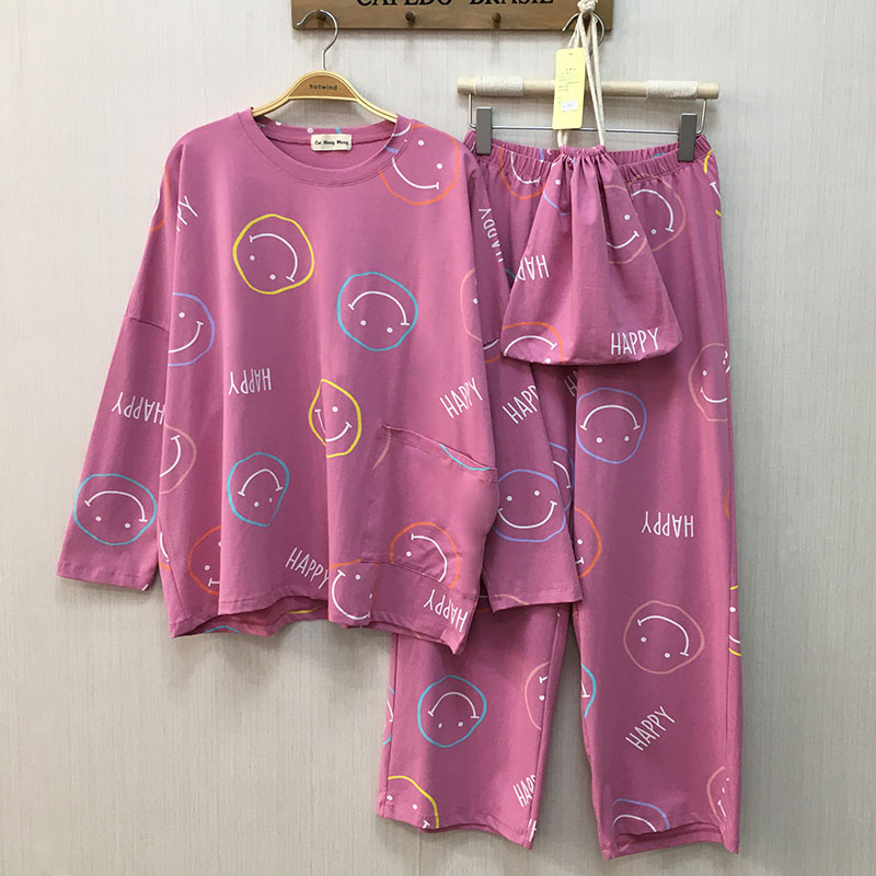 满印笑脸纯棉布袋睡衣女长袖套装睡衣/家居服套装