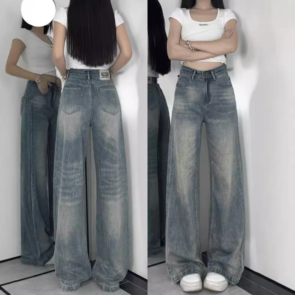 美式复古阔腿牛仔裤女夏季薄款高腰宽松百搭垂感拖地不贴腿微喇裤