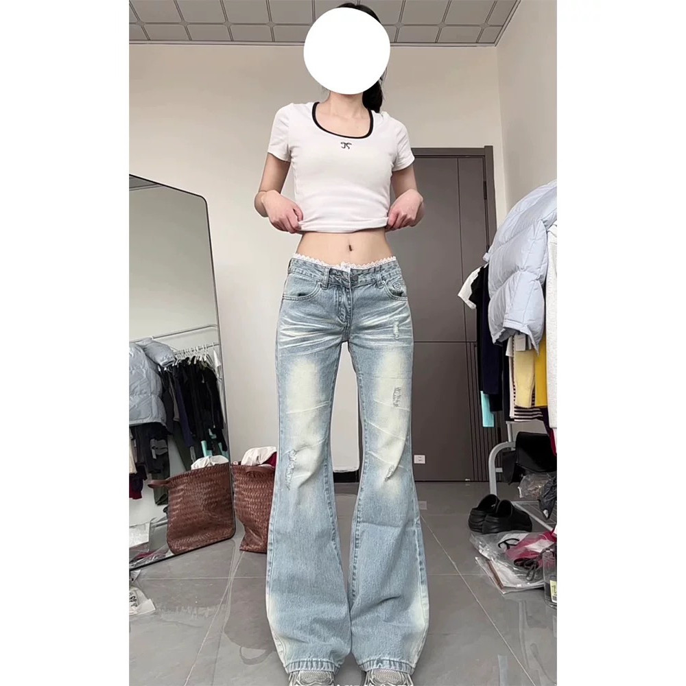 网红新款设计感蕾丝拼接破洞微喇叭牛仔裤女夏季新款低腰显瘦拖地