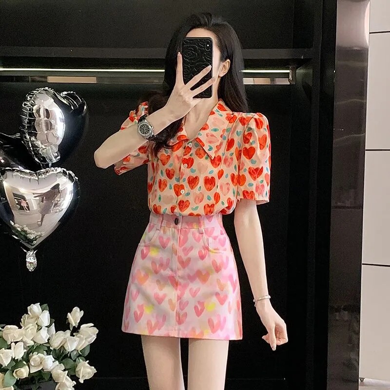 网红新款潮流韩版爱心粉色牛仔短裙女装夏季新款洋减龄高腰显瘦包