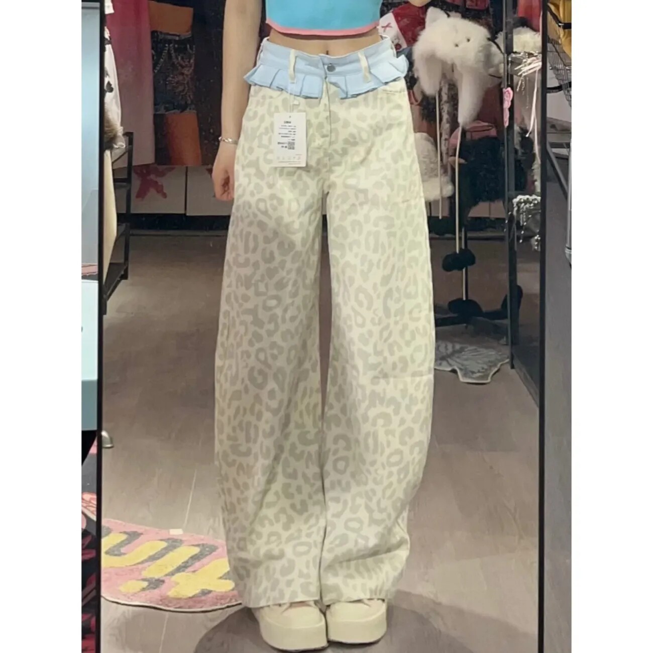 网红新款欧美复古水洗蓝色豹纹休闲裤女2026夏季薄款辣妹假两件裙