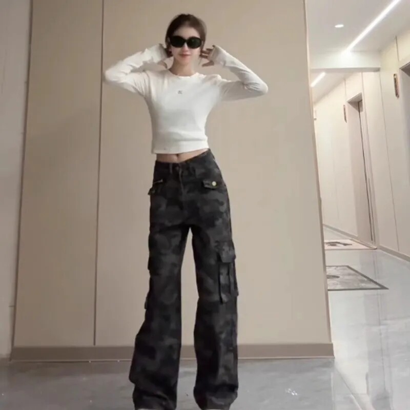 网红新款美式迷彩辣妹高腰拉链口袋工装牛仔裤2026春季宽松显瘦拖