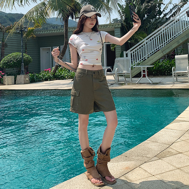 网红新款潮源美式水洗做旧纯棉工装牛仔裤女夏季新款宽松休闲四分