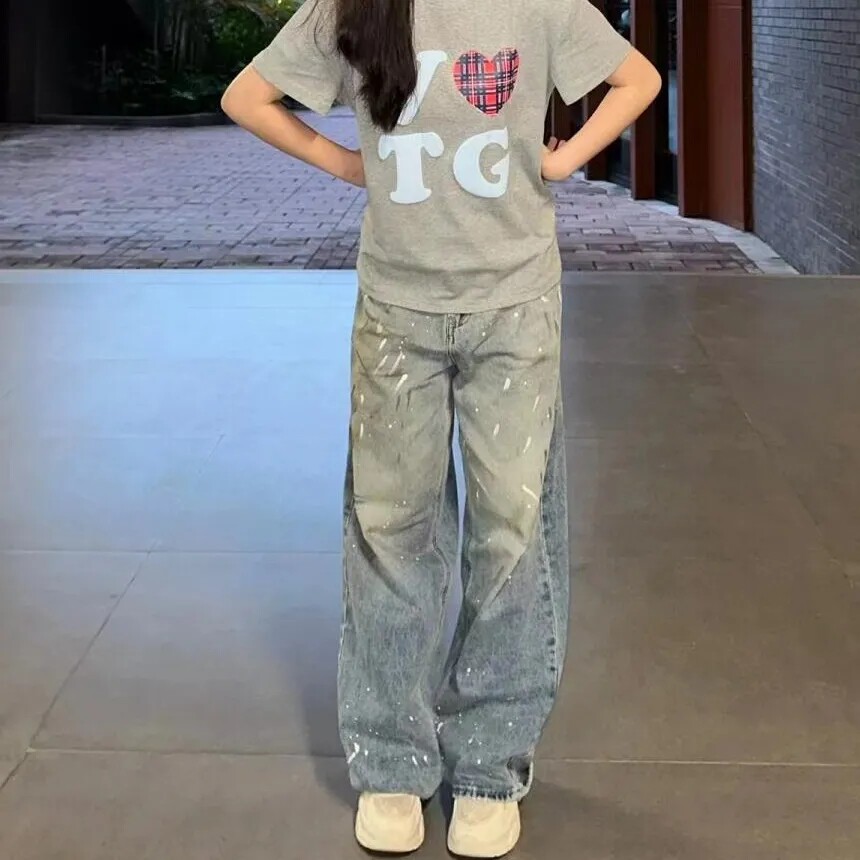 网红新款美式复古泼漆涂鸦牛仔裤女bf慵懒风夏季设计感宽松显瘦阔