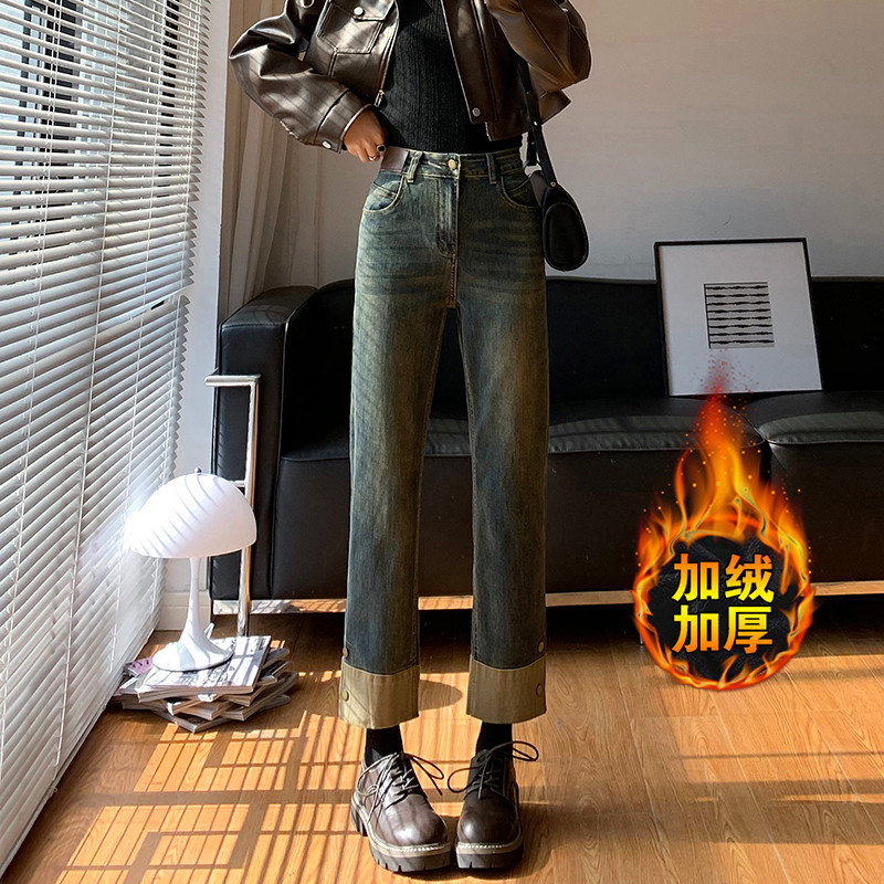 网红新款黑色高腰直筒牛仔裤女秋冬2026小个子加绒九分烟管裤子