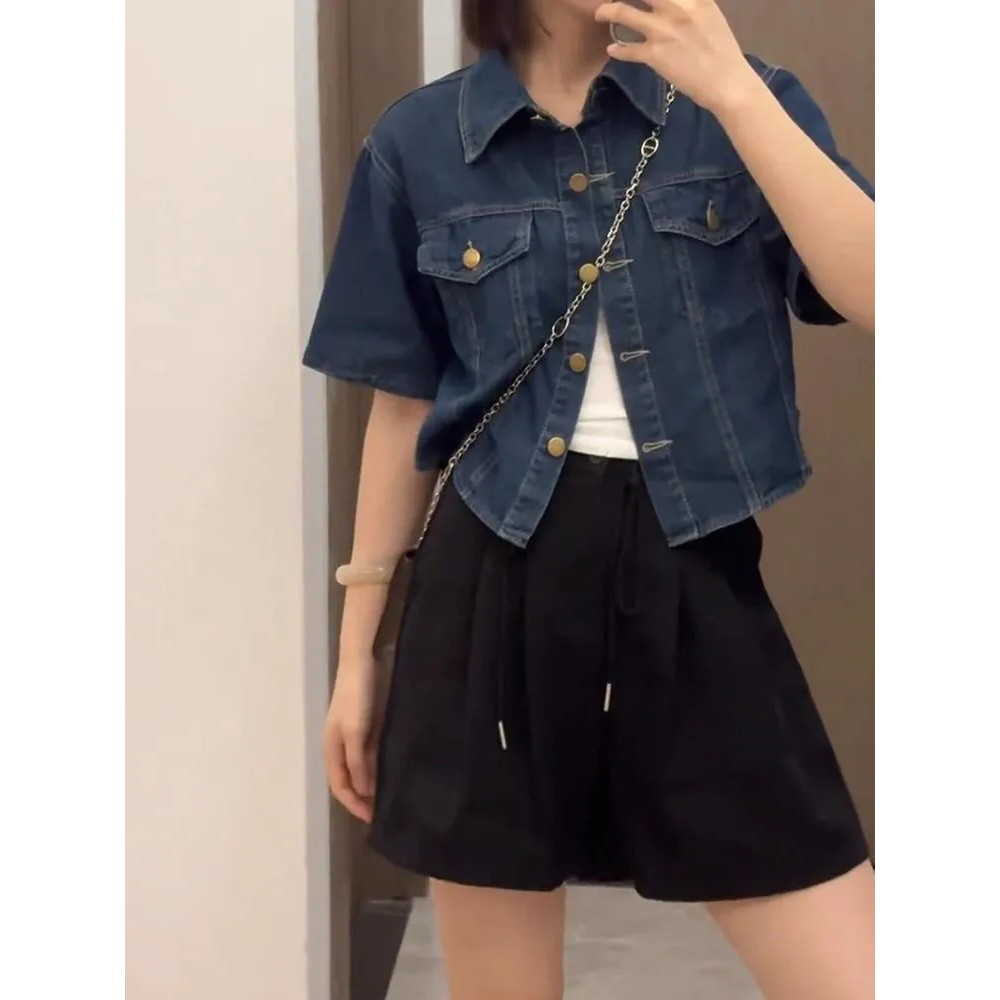 网红新款夏季港风短袖牛仔外套女复古上衣短款薄款设计小个子新款