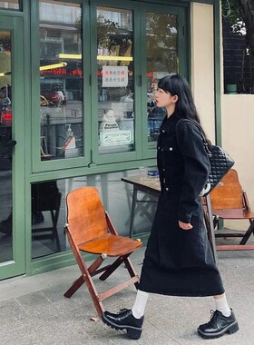 网红新款韩版盐系少女感设计感短款黑色牛仔外套+不规则半身裙两