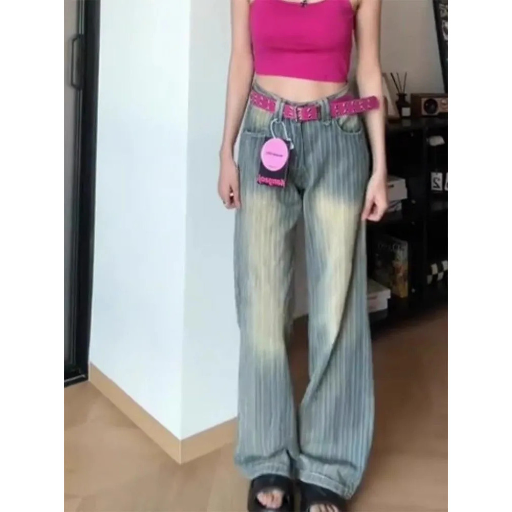 网红新款美式复古做旧低腰条纹牛仔裤女夏季新款百搭垂感直筒裤阔