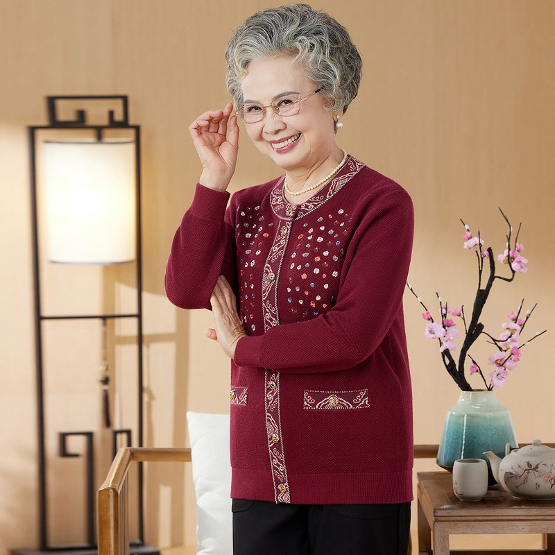 洋气新款绣花圆领针织衫开衫上衣奶奶装毛衣外套宽松中老年女装