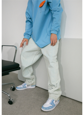 C14 online国潮牌街头水洗刺绣牛仔裤春秋宽松休闲直筒长裤情侣装