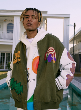 C14 online春秋季街头刺绣拼接美式棒球服外套男宽松情侣潮牌夹克