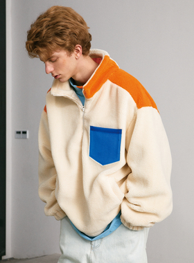 C14 online秋冬季情侣装国潮撞色拼接羊羔绒卫衣男宽松休闲外套