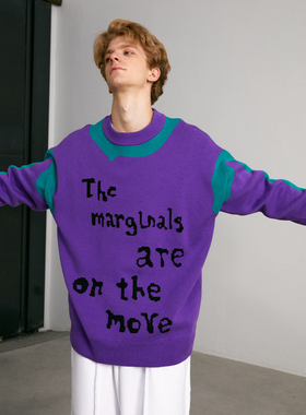 C14 online春秋季街头潮牌提花拼色情侣装针织圆领毛衣男宽松内搭