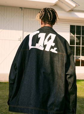 C14 online秋季国潮牌街头嘻哈拼接牛仔夹克男宽松休闲美式外套