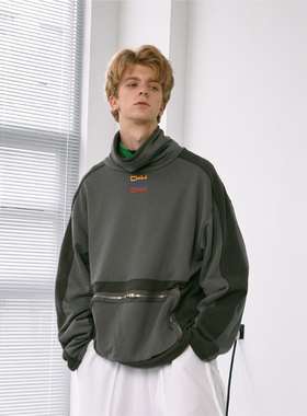 C14 online国潮牌街头嘻哈高领撞色拼接卫衣男宽松休闲情侣装春秋