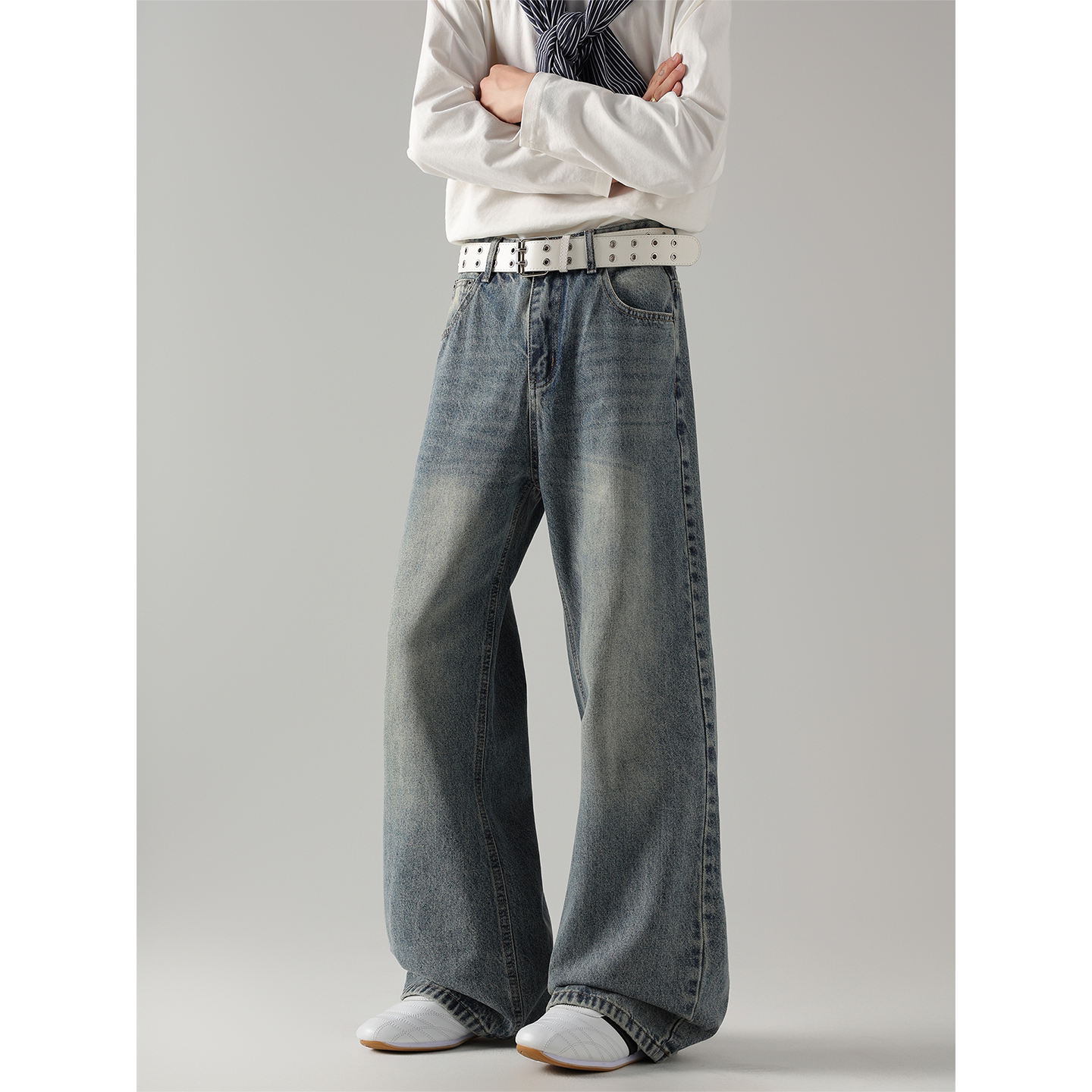 Lesstter春秋季2026新款男生美式复古宽松牛仔裤男士水洗阔腿长裤