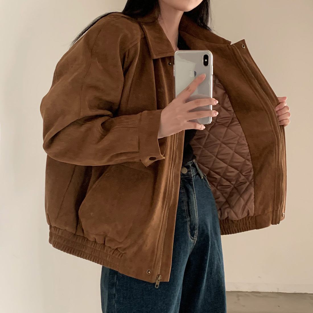 韩国chic秋冬 美拉德 麂皮绒 夹棉长袖棉衣外套