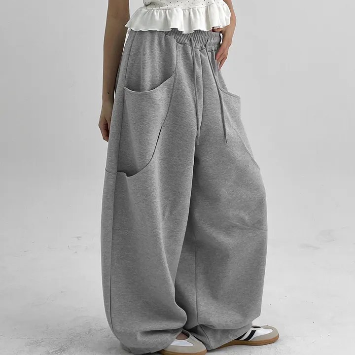 冬季加绒2色韩国ins大口袋设计个性宽松长裤卫裤阔腿裤长裤休闲