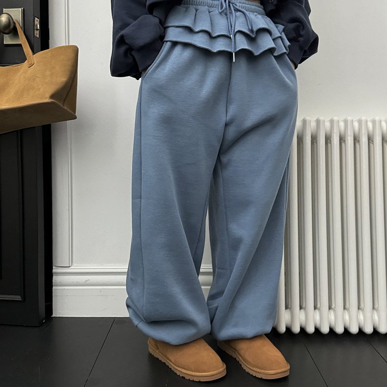冬季加绒韩国可爱复古纯色裙摆花边假两件卫裤运动长裤阔腿裤女