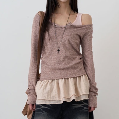 三色 韩国ins假两件撞色荷叶裙摆花边长袖T恤上衣紧身夏季