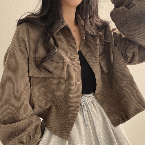 韩国chic2022春季法式复古百搭单排扣翻领灯芯绒衬衫长袖外套女潮