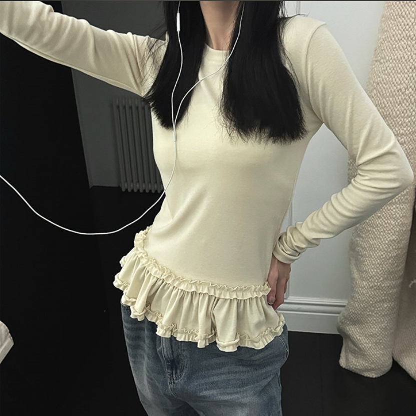 三色春夏韩国木耳边花边褶皱裙摆内搭莫代尔打底衫长袖T恤上衣
