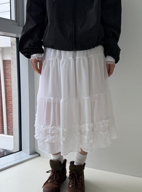 夏季3色入韩国ins纯色高级感木耳花边雪纺裙摆蓬蓬透视半身裙日系