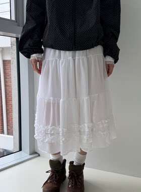 夏季3色入韩国ins纯色高级感木耳花边雪纺裙摆蓬蓬透视半身裙日系